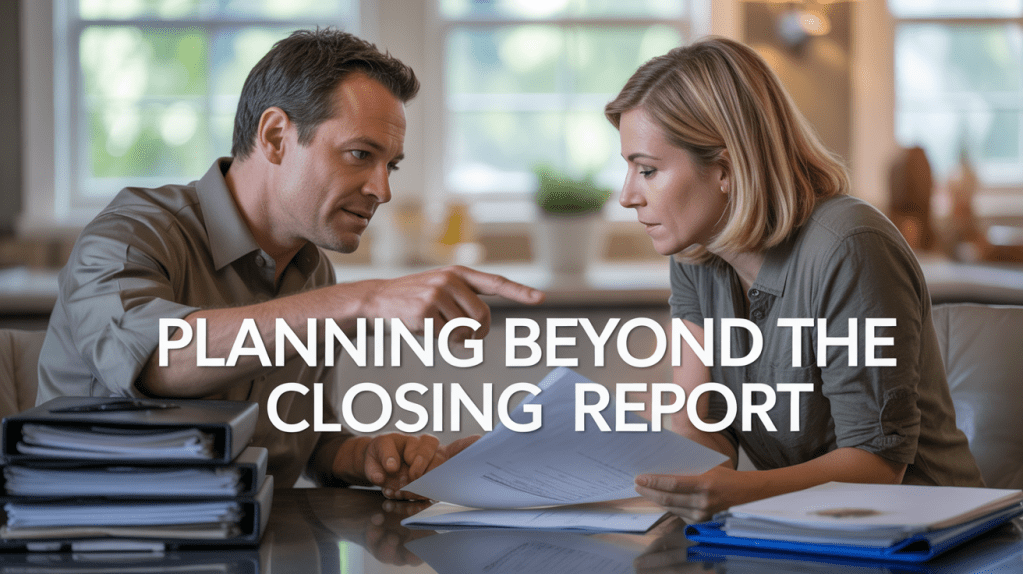 Two professionals discussing a document at a table, with a focus on planning beyond a closing report.