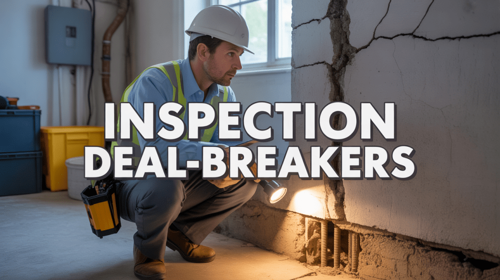 A home inspector in a hard hat and reflective vest examines a cracked wall with a flashlight in a dimly lit room, highlighting potential issues in property inspections.