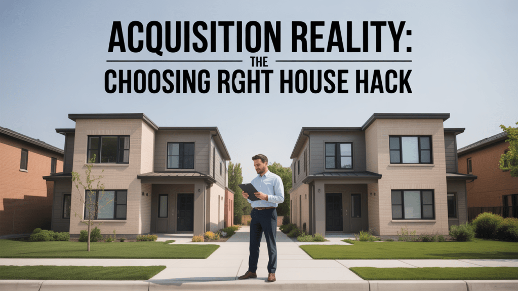 A man standing in front of two modern houses, looking at a tablet, with the text 'ACQUISITION REALITY: THE CHOOSING RIGHT HOUSE HACK' displayed above.
