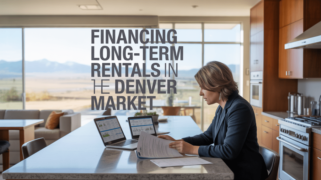 A person sitting at a modern kitchen table reviewing documents and data on laptops, with a panoramic view of mountains and a valley in the background. The text overlays state 'Financing Long-Term Rentals in the Denver Market'.