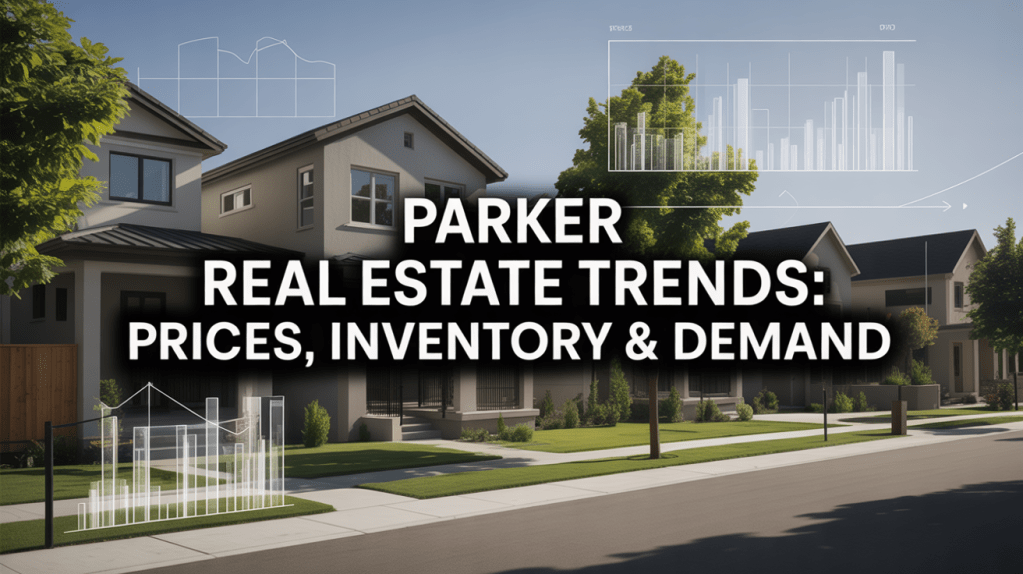 A modern residential neighborhood with houses and trees, overlaid with graphs representing real estate trends, focusing on prices, inventory, and demand in Parker.