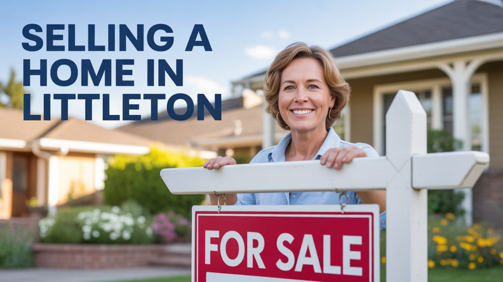 Smiling woman standing beside a 'For Sale' sign in front of a house, promoting home selling in Littleton.