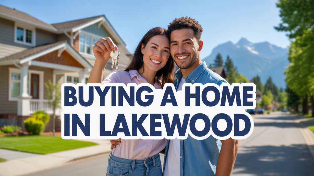 A young couple stands in front of a house, smiling and holding house keys, with the text 'Buying a Home in Lakewood' overlaying the image.