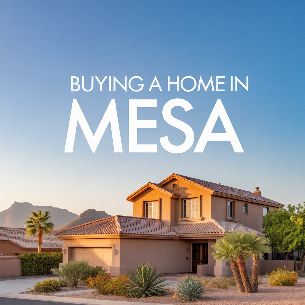 A beautiful modern home in Mesa, featuring a landscaped yard with palm trees and desert plants, under a clear blue sky.