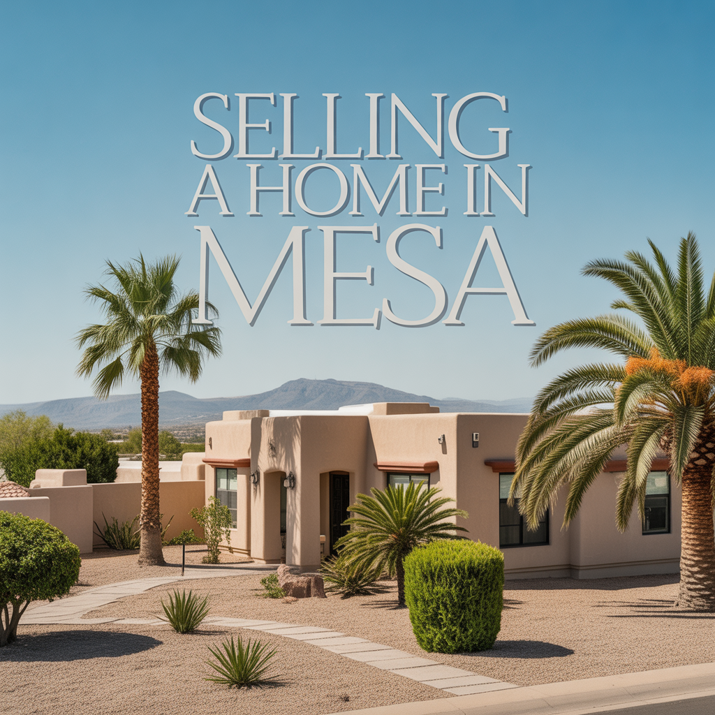 A desert-style home in Mesa surrounded by palm trees and landscaping, with mountains in the background and blue sky.