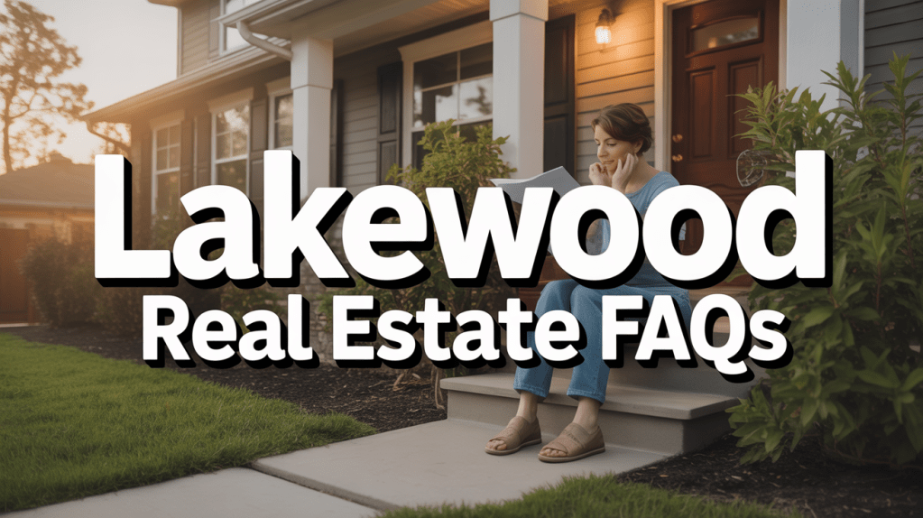 A woman sitting on the steps of a house, reading a document, with the text 'Lakewood Real Estate FAQs' prominently displayed.
