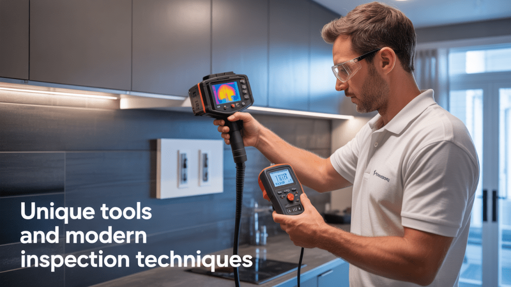 A professional inspecting a kitchen using advanced tools, including an infrared camera and a temperature gauge, highlighting modern inspection techniques.