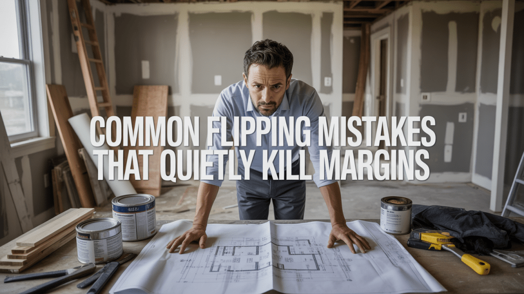 A man analyzing blueprints in a partially renovated room, surrounded by construction materials and tools, with the text 'Common flipping mistakes that quietly kill margins' overlaying the image.