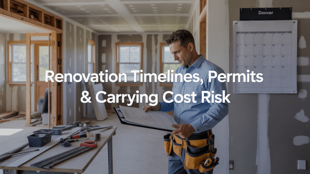 A construction professional reviewing renovation timelines and permits in a partially finished room with tools visible on a table.