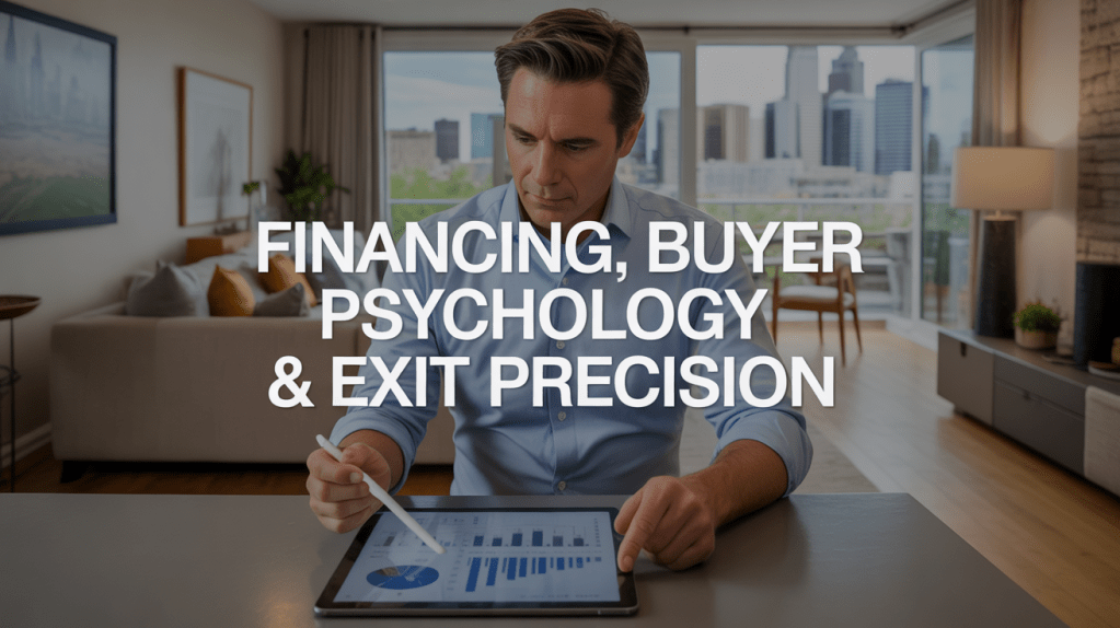 A man sitting at a table, using a tablet to analyze data, with a modern living room and city skyline in the background. Text overlay reads 'FINANCING, BUYER PSYCHOLOGY & EXIT PRECISION'.