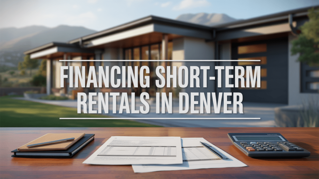 A view of a modern house in Denver with a wooden table in the foreground displaying financial documents and a calculator, featuring the text 'Financing Short-Term Rentals in Denver' overlaying the image.