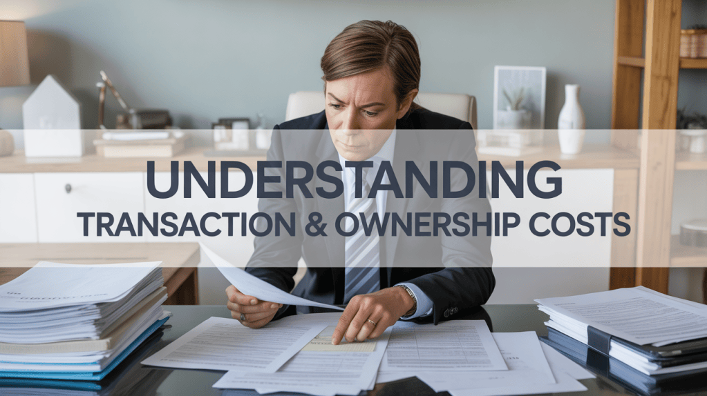 A businessman analyzing documents on a desk with the overlay text 'UNDERSTANDING TRANSACTION & OWNERSHIP COSTS'.
