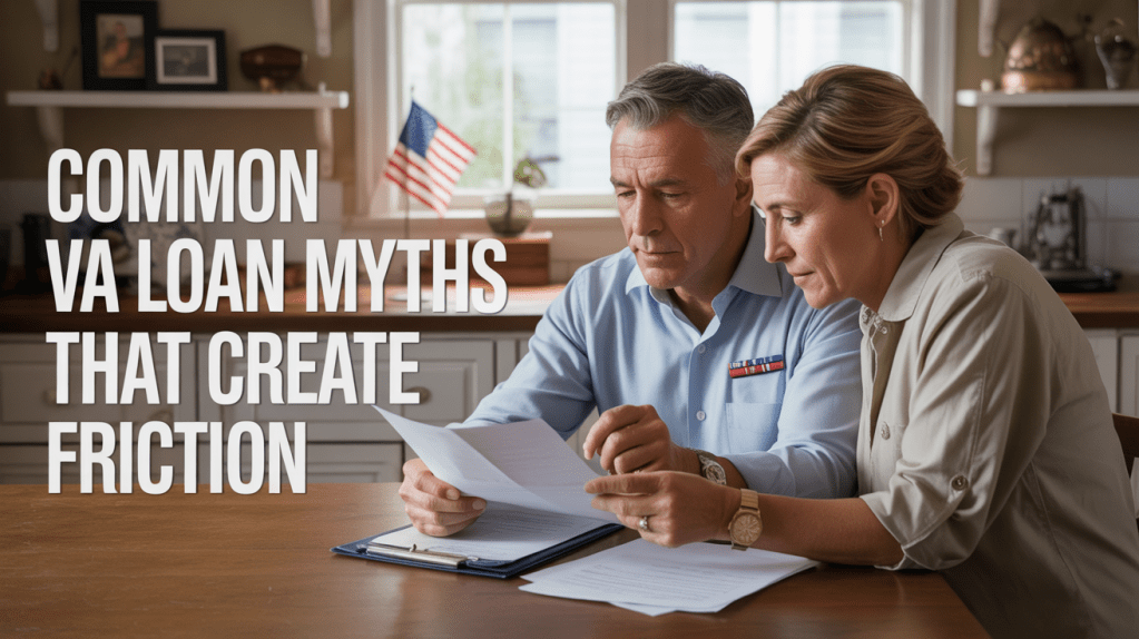 A couple sitting at a kitchen table reviewing documents related to VA loans, with an American flag visible in the background. The text overlaid on the image states 'Common VA Loan Myths That Create Friction.'