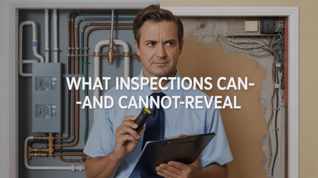 A professional inspector holding a clipboard and a measurement device, standing between two contrasting walls: one with visible plumbing and electrical systems, the other partially exposed and unfinished. The text overlay reads 'WHAT INSPECTIONS CAN--AND CANNOT REVEAL.'