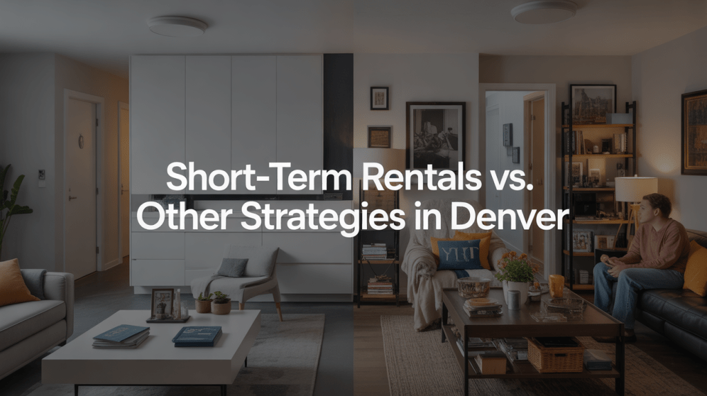 A living room featuring modern furniture, a coffee table with books, and decorative items, with the title 'Short-Term Rentals vs. Other Strategies in Denver' prominently displayed.
