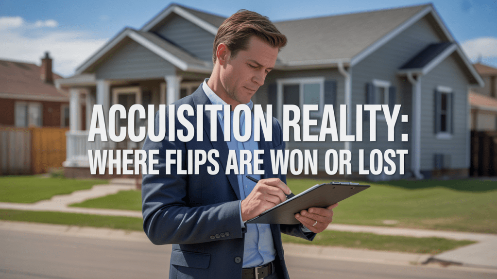A man in a suit writes on a clipboard outside a residential home, with the text 'ACQUISITION REALITY: WHERE FLIPS ARE WON OR LOST' overlaying the image.
