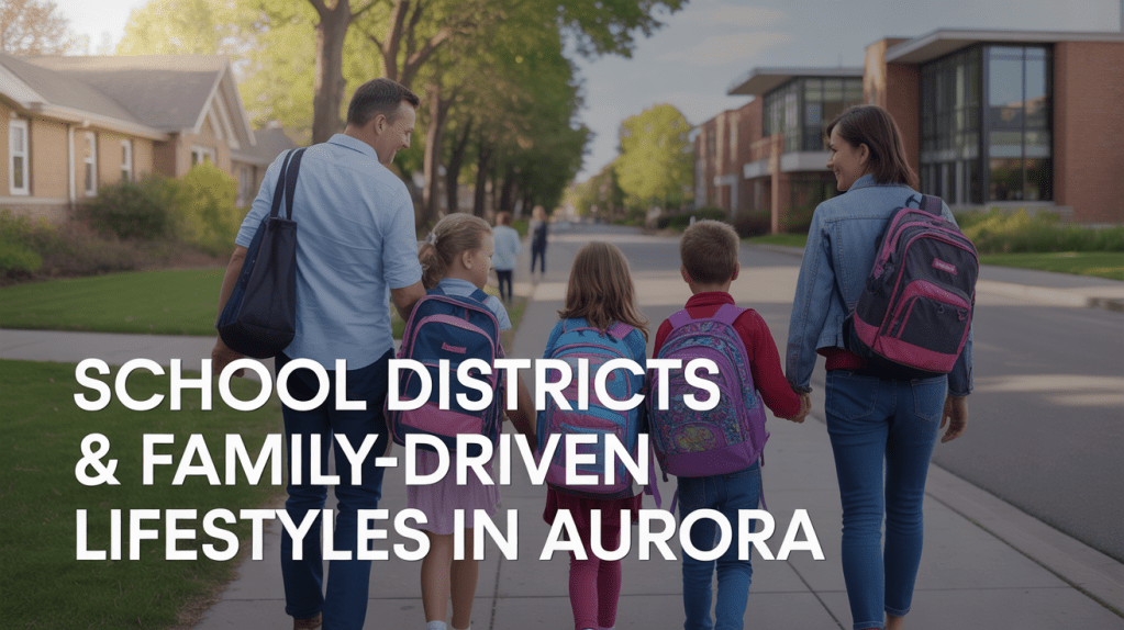 A family walking together on a suburban street, with children carrying backpacks, showcasing a community focused on education and family-friendly lifestyles in Aurora.