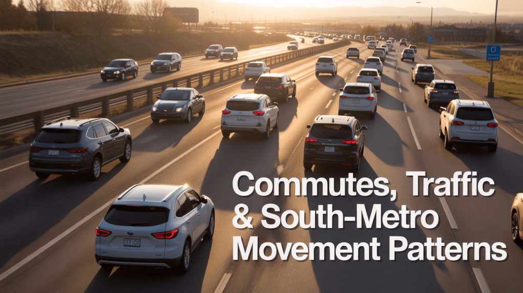 Aerial view of a busy highway with multiple lanes filled with cars during sunset, showcasing commuting patterns and traffic flow.