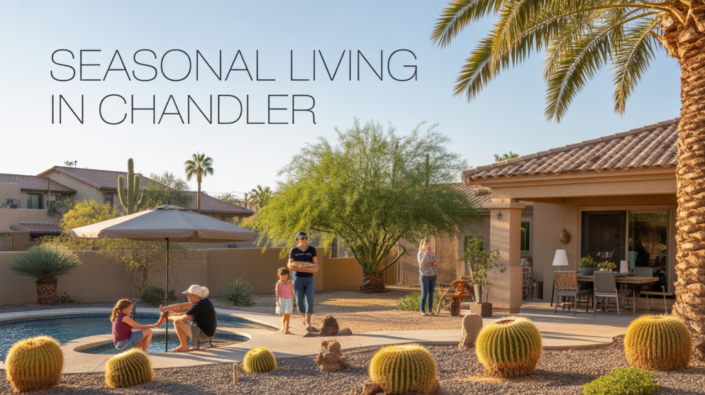 A family enjoying a sunny day by a pool in Chandler, surrounded by palm trees and desert landscaping. Two children play near the water, while an adult holds a tray of snacks.