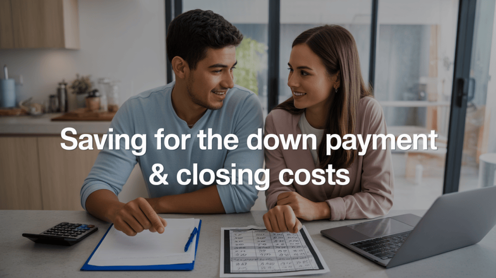 A man and a woman sitting at a table, discussing financial planning with a calculator, documents, and a laptop in front of them. Text overlay reads 'Saving for the down payment & closing costs'.