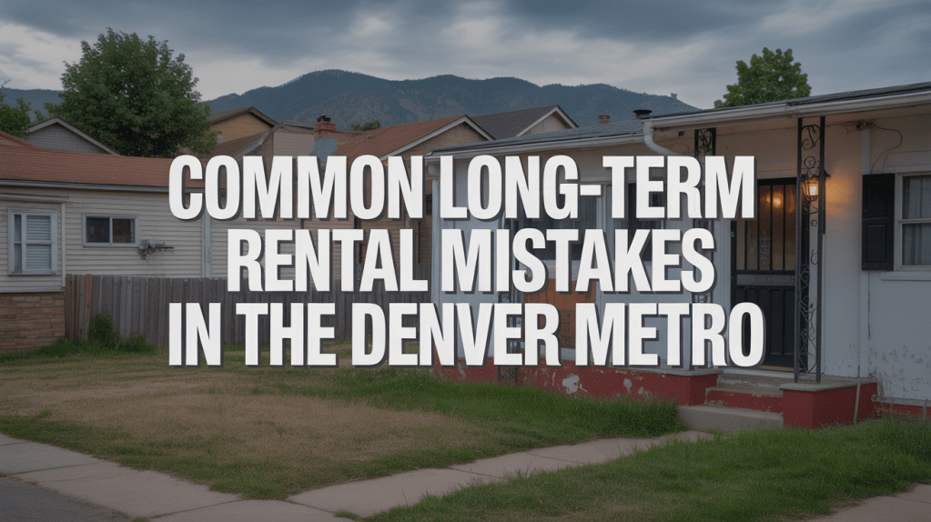 A residential neighborhood in Denver Metro with houses and a grassy lawn, featuring a headline about common long-term rental mistakes.
