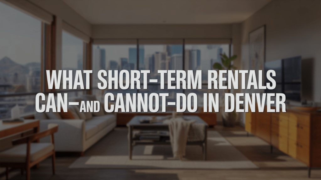A modern living room with large windows showcasing a city view, featuring a comfortable sofa, wooden furniture, and a television, with text overlay discussing short-term rental regulations in Denver.