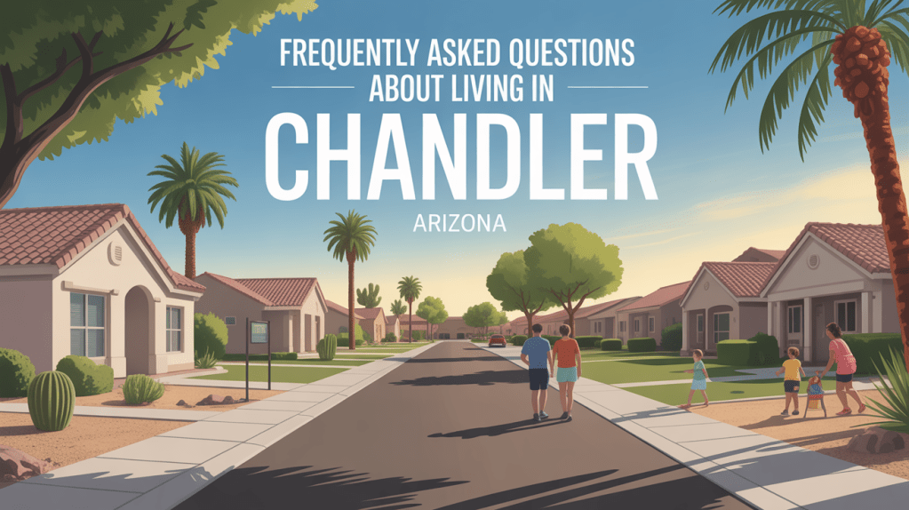 A colorful illustration depicting a suburban street in Chandler, Arizona, with palm trees and houses. Families are walking along the sidewalk, and the text 'Frequently Asked Questions About Living in Chandler, Arizona' is prominently displayed.