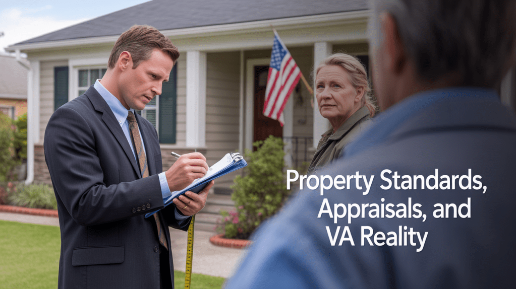 A man in a suit taking notes on a clipboard while measuring in front of a house, with a woman looking back at him. An American flag is visible in the background.