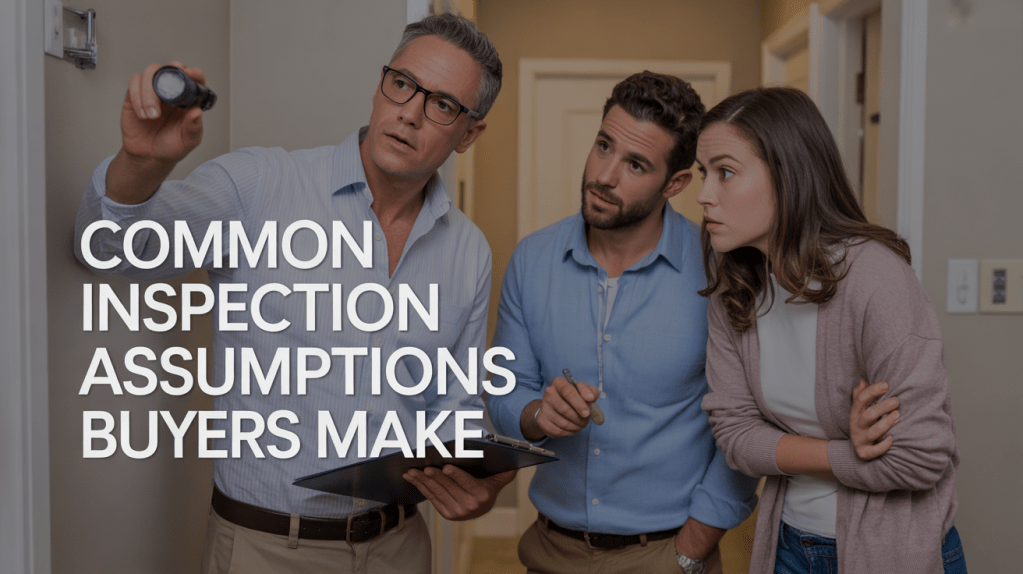 A home inspector pointing a flashlight at a wall while explaining details to a couple during a property inspection.