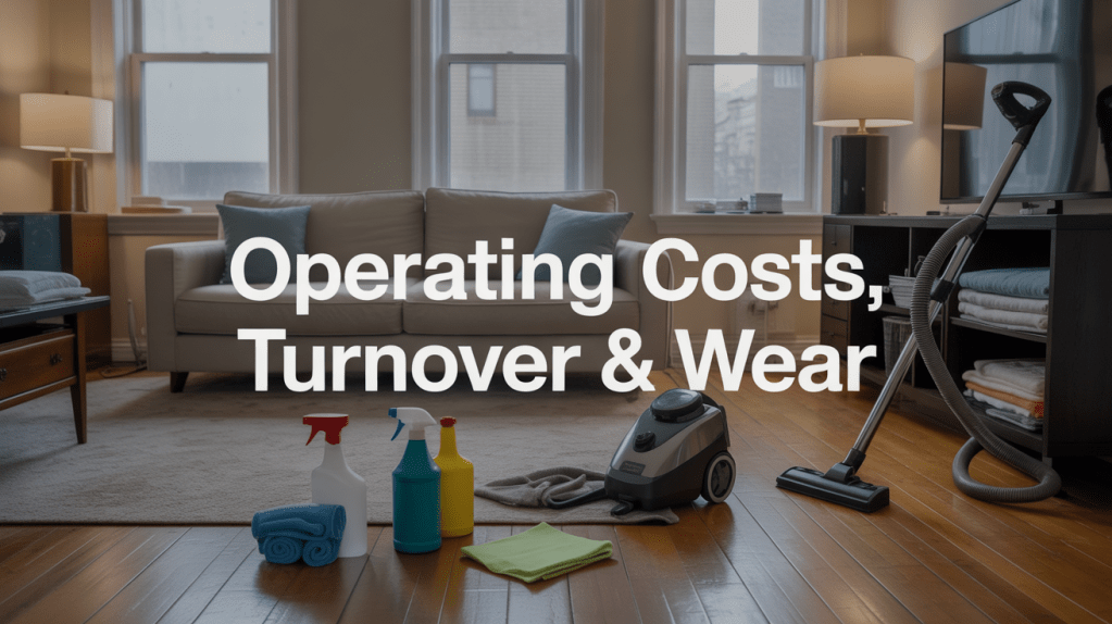 A living room scene featuring a couch, cleaning supplies, and a vacuum cleaner, with text overlay reading 'Operating Costs, Turnover & Wear'.