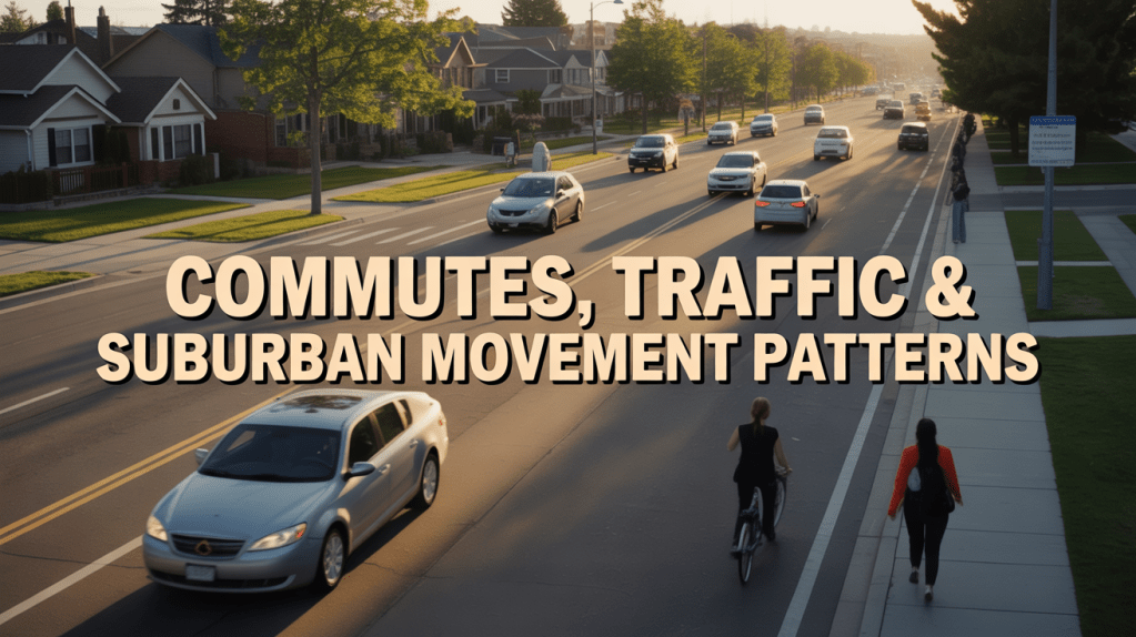 View of a suburban road with vehicles and cyclists, featuring the text 'Commutes, Traffic & Suburban Movement Patterns' overlay.