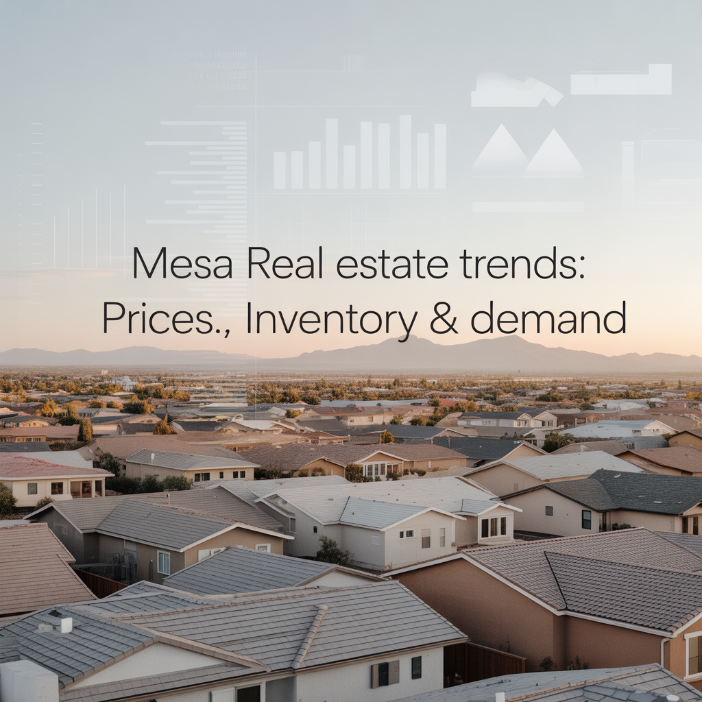 Aerial view of a residential neighborhood in Mesa, showcasing rooftops with a sunset backdrop, accompanied by overlay graphics depicting real estate trends related to prices, inventory, and demand.