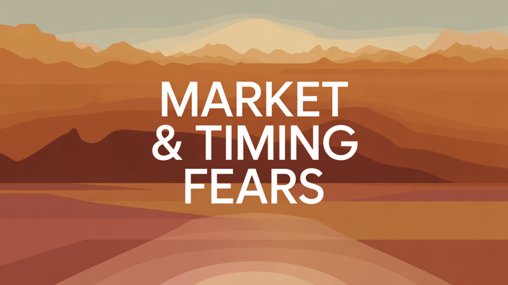 Graphic design featuring the text 'MARKET & TIMING FEARS' over a stylized, abstract landscape in warm earth tones.