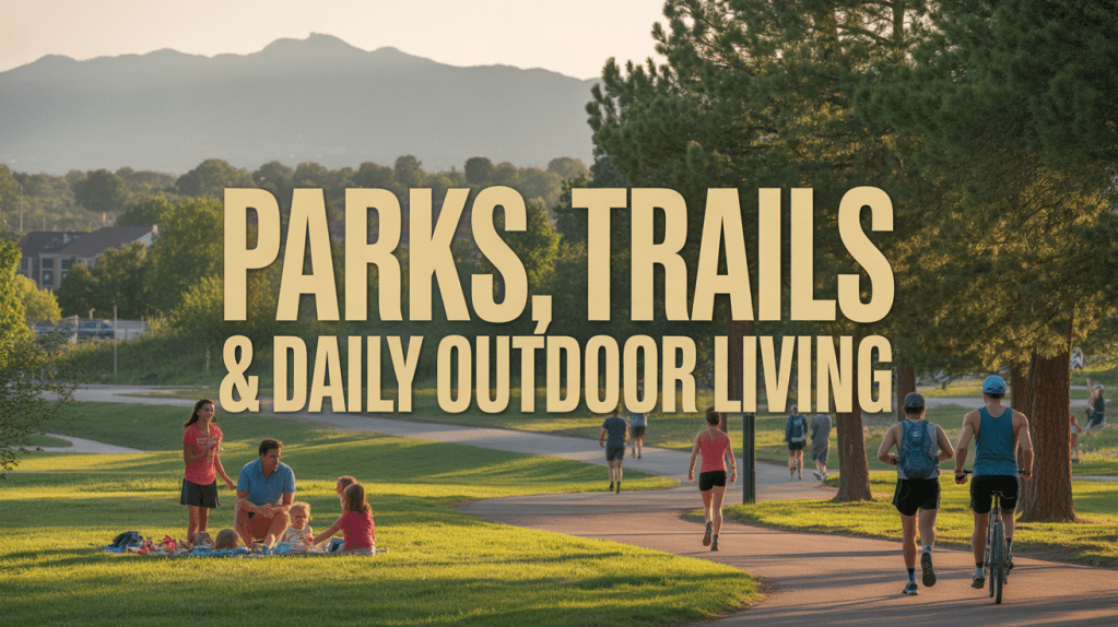 A scenic park with families picnicking on the grass while people walk and cycle along the paths, with mountains in the background, and the text 'Parks, Trails & Daily Outdoor Living' prominently displayed.