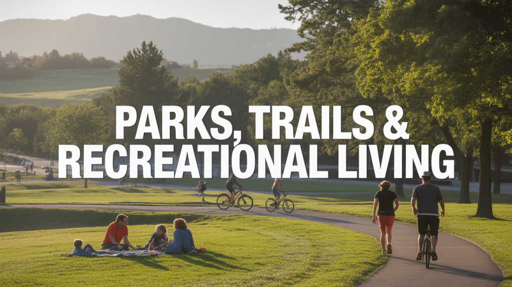 A scenic park setting with people enjoying outdoor activities, including walking and biking, under a sunny sky. The text overlay reads 'Parks, Trails & Recreational Living.'