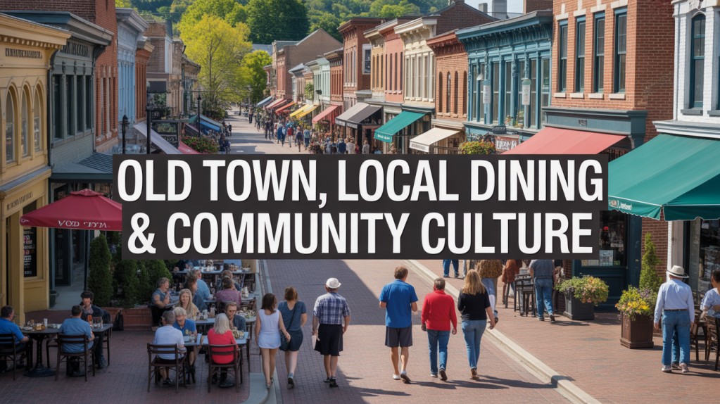 A lively street in an old town featuring dining options and shops, showcasing community culture with people walking and gathering outdoors.