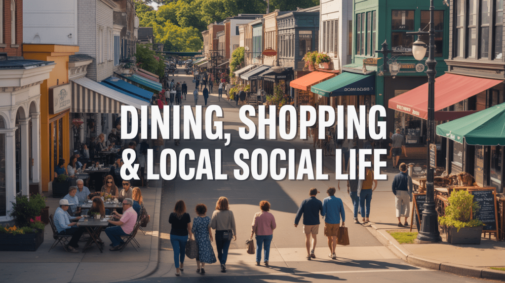 A vibrant street scene showcasing outdoor dining, shopping, and social interactions in a lively urban area.