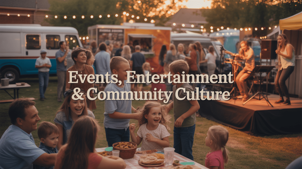 A lively community event showcasing entertainment, with families enjoying food, children playing, and musicians performing on stage.