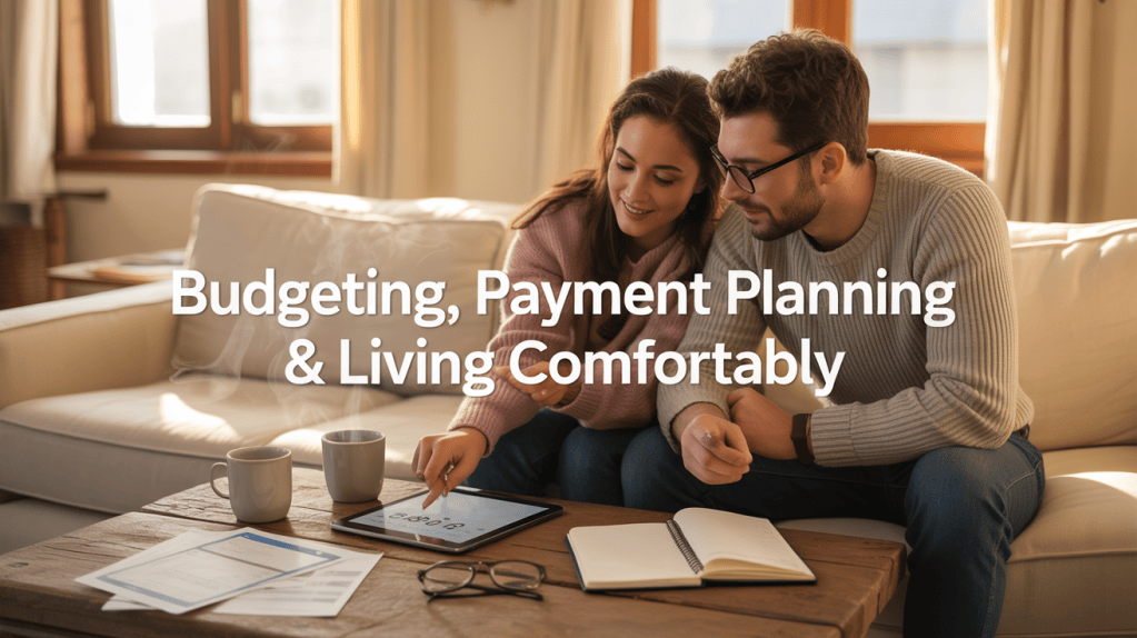 A couple sitting on a couch, engaged in budgeting and payment planning using a tablet, with coffee cups and notebooks on the table.