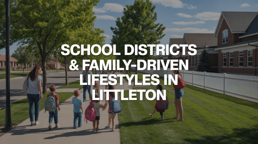 A group of children and adults walking along a tree-lined sidewalk with school buildings in the background, highlighting family-oriented lifestyles in Littleton.