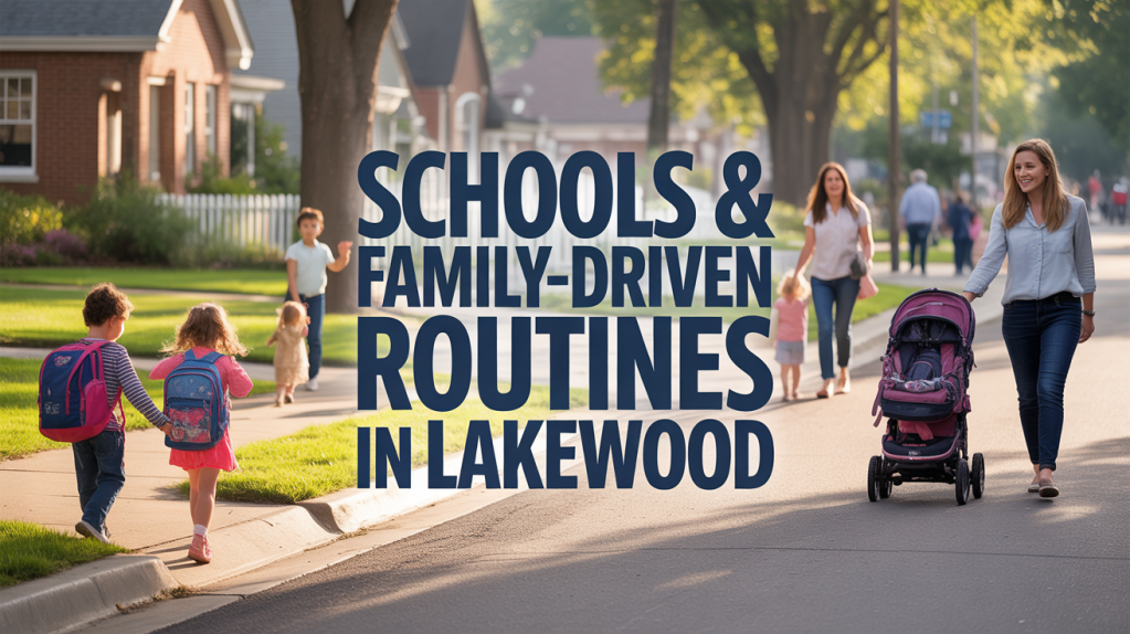 Families enjoying a sunny day in Lakewood, featuring children walking to school and a woman pushing a stroller.