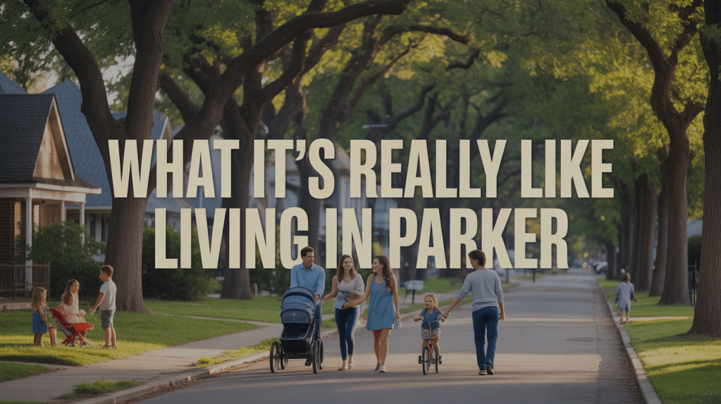 A family walking along a tree-lined street in Parker, with children playing nearby and a gentle suburban atmosphere.