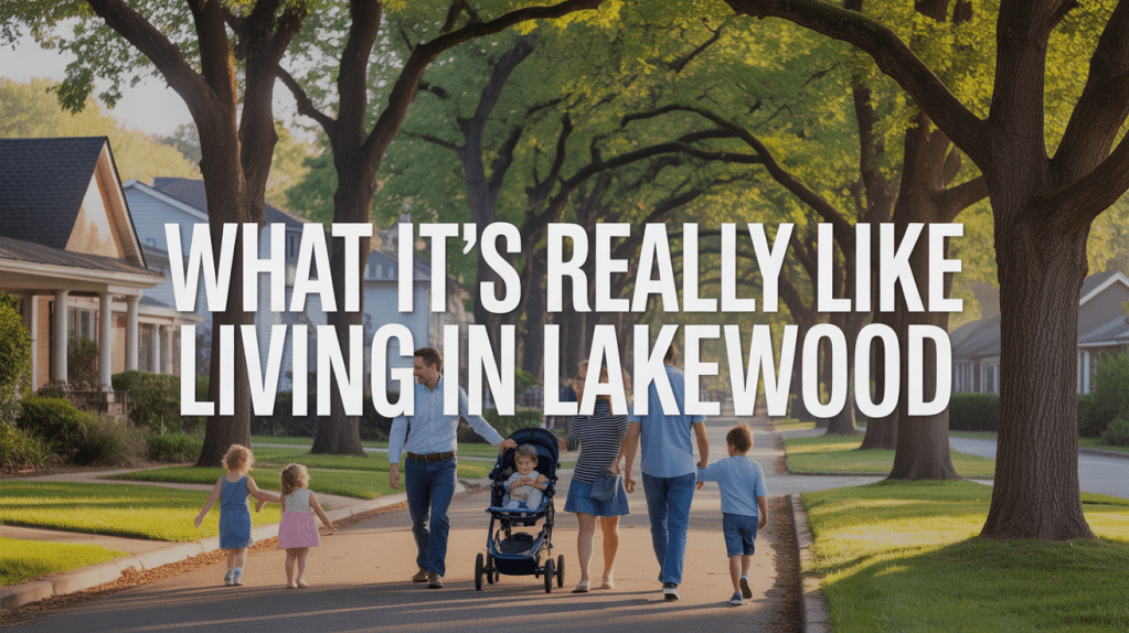 A family walking together on a tree-lined street in Lakewood, showcasing a neighborhood atmosphere.