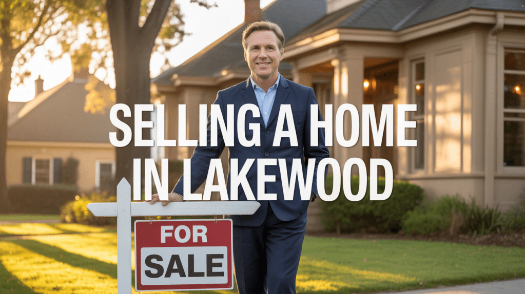 A man standing next to a 'For Sale' sign in front of a house, promoting the sale of a home in Lakewood.