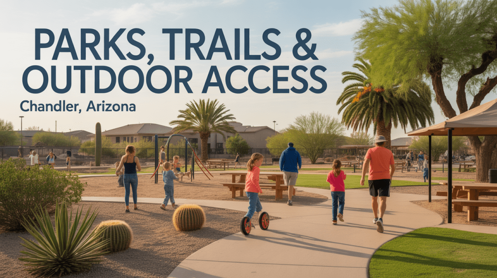 A scenic view of a park in Chandler, Arizona, with families walking along a path, children playing on a playground, and palm trees in the background.
