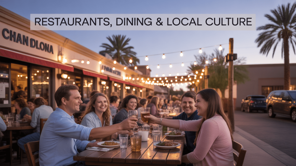 A group of people enjoying an outdoor dining experience at a restaurant in the evening, with string lights overhead and a warm ambiance.
