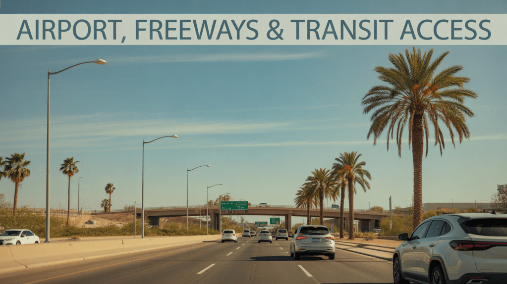 A view of a highway with vehicles, palm trees, and elevated freeway signs indicating airport and transit access.