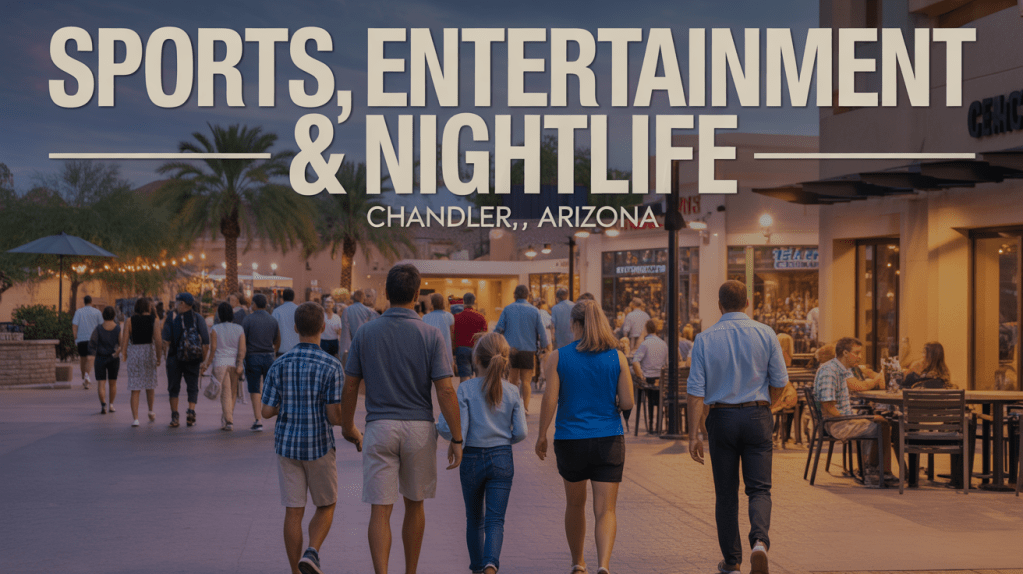 A lively street scene in Chandler, Arizona, showcasing people strolling past shops and restaurants, with palm trees and outdoor seating visible in the background.