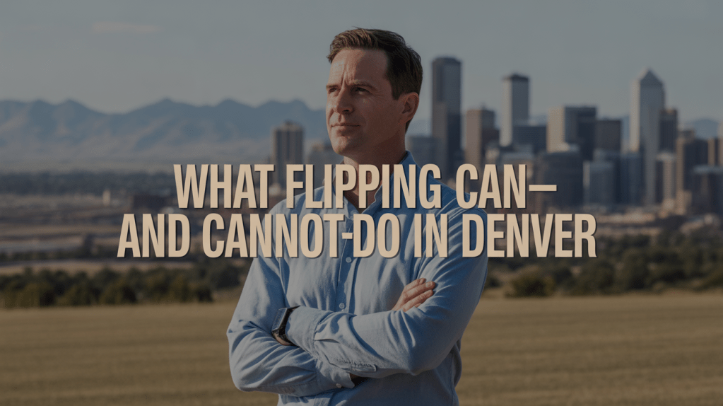 A man standing outdoors with his arms crossed, looking thoughtfully towards the Denver skyline, with the text overlay "What Flipping Can&mdash;And Cannot-Do in Denver".