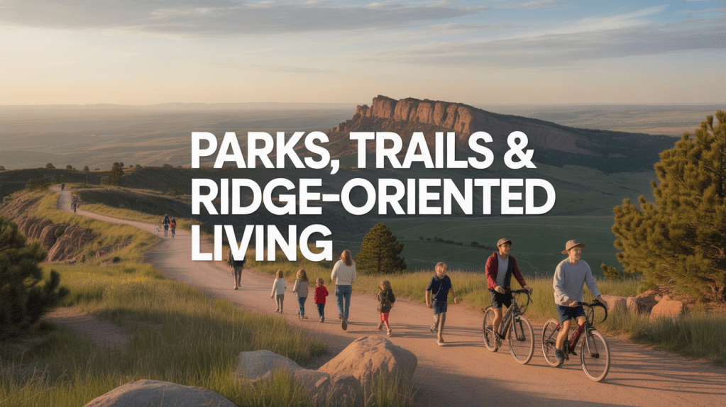 A scenic view of people walking and biking along a winding trail with ridges in the background, emphasizing outdoor parks and trails.